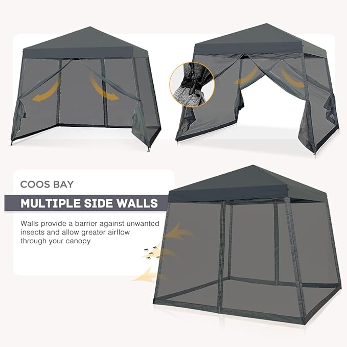 COOS BAY 10x10 Pop Up Canopy Tent with Screen Netting, Slant Leg Canopy with UPF 50+ UV Protection, 64 Sq Ft Shade, One Person Setup with Carry Bag, Gray