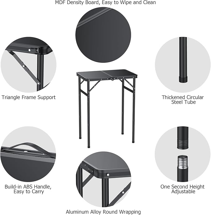 Folding Camping Table Portable Pinic Table 3 Level Height Adjustable Aluminum Frame Small Foldable Camp Table Light Weight with Carry Handle for Outdoor Indoor Hiking Camp BBQ Beach