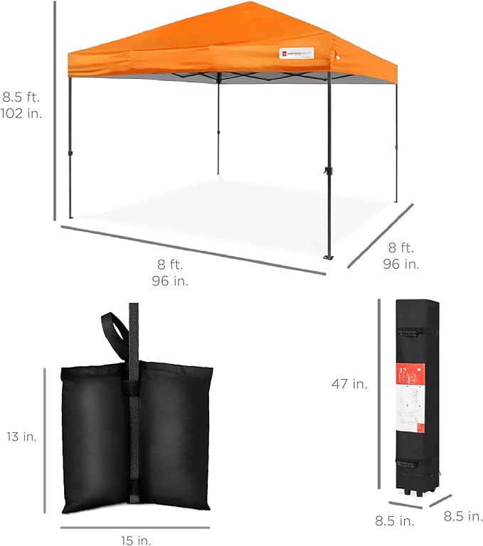Best Choice Products 8x8ft Pop Up Canopy Tent, Outdoor Shade, 1 Person 1 Minute Set Up, Carry Case, 4 Weight Bags - Orange