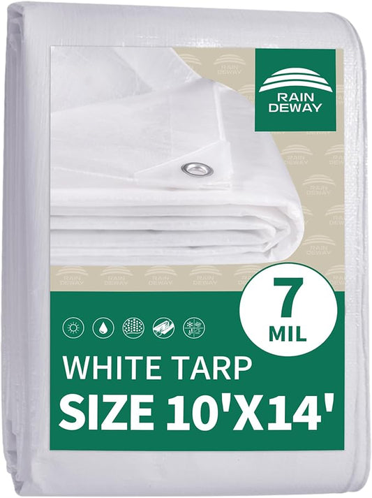 RAINDEWAY Tarps 10x14 Feet Tarp Waterproof,7Mil Thick,Finished Size,UV Resistant,Multipurpose Poly Tarp Cover with Metal Grommets and Reinforced Edges,White Tarps