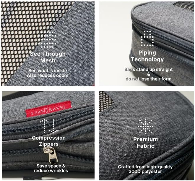 LeanTravel Premium Compression Packing Cubes for Travel - Luggage Organizers with Double Zipper - Sturdy Bags for Suitcase (4-Pack, Grey)