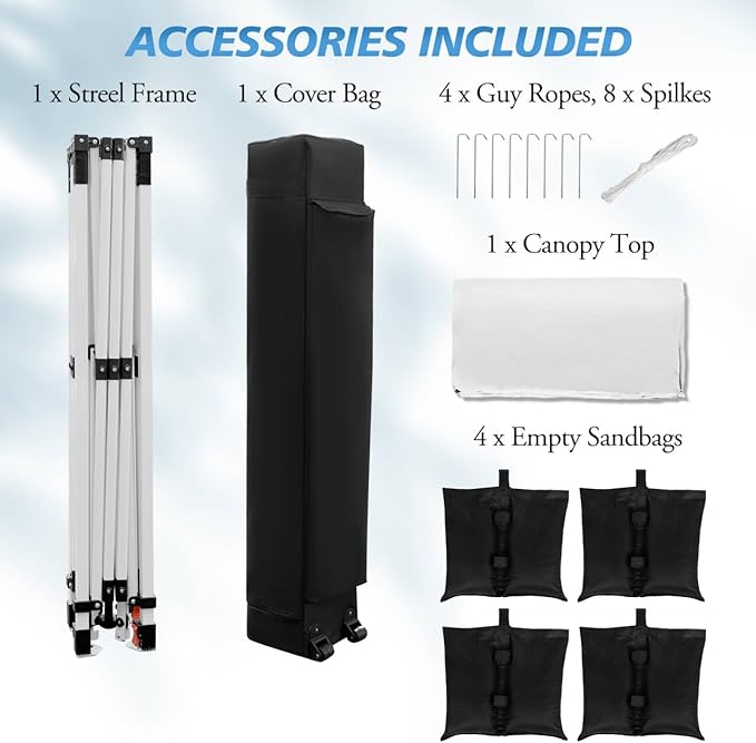 WEIZE Pop up Canopy Tent 10x10ft, 1-Button Push Setup, Instant Portable Shelter, Adjustable Height, Portable Roller Bag, 4 Weight Bags, Guy Ropes & Stakes Included, White