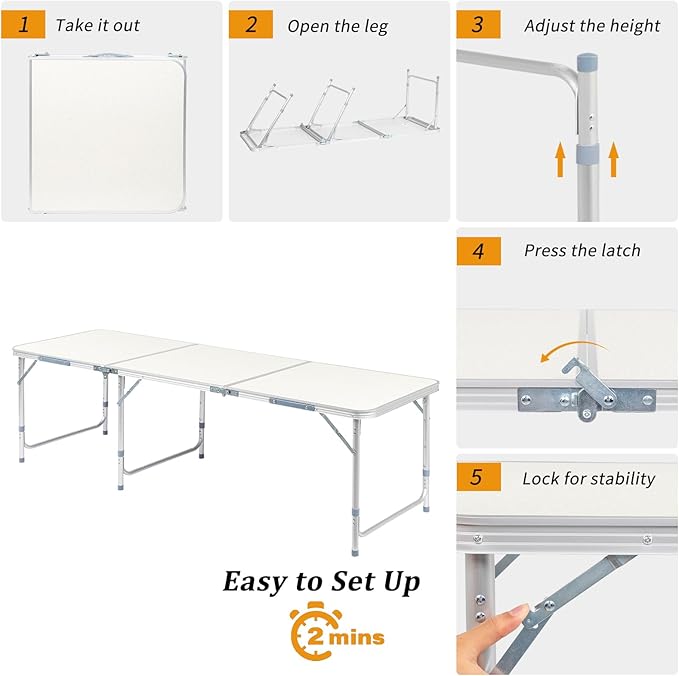 6.0 Ft Folding Portable Camping Table, Adjustable Height, Outdoor Waterproof Aluminum Lightweight Suitcase Table for Picnic, BBQ, Beach, Dining