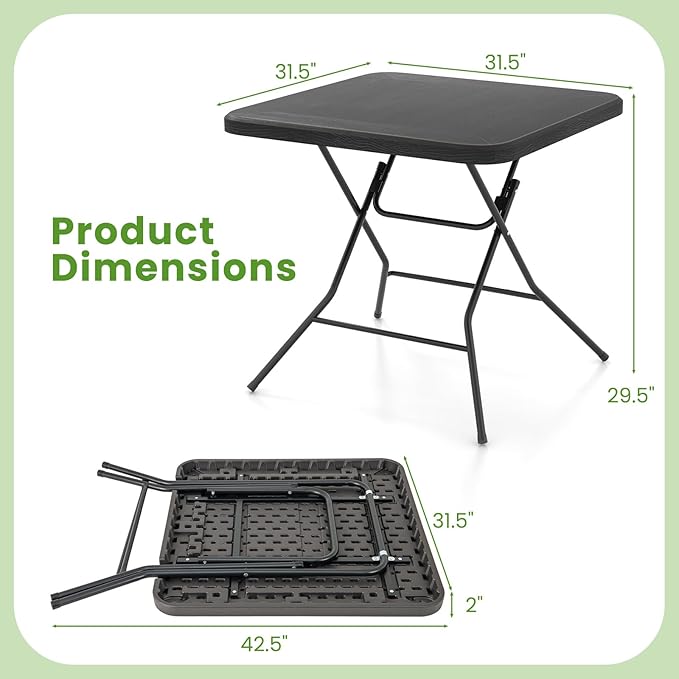 Tangkula 31.5" Square Folding Table, Indoor Outdoor Foldable Plastic Table with HDPE Tabletop, Sturdy Metal Fame, Carrying Handle, 4 Person Picnic Table for Camping BBQ Party
