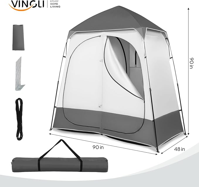 VINGLI 2 Room Shower Tent, 7.5 FT Instant Pop Up Shelter with Carrying Bag, Privacy Changing Room Tent,Perfect for Portable Toilet, Camping, Dressing, Outdoor Indoor, Easy Set Up