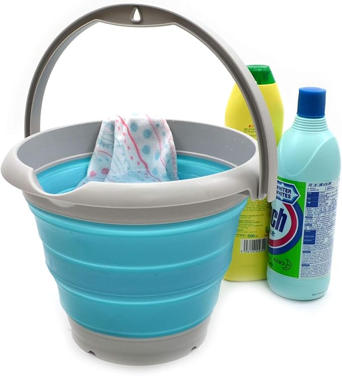 SAMMART 5L / 1.32 Gallon Collapsible Plastic Bucket - Foldable Round Tub - Portable Fishing Water Pail - Space Saving Outdoor Waterpot (5L Round, Grey/Bright Blue)