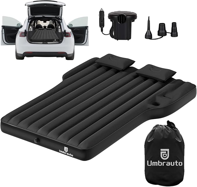 Umbrauto Air Mattress for Tesla Model Y, Custom Inflatable Camping Bed for Back Trunk, Upgraded Sleeping Pad w/Soft Flocking Surface, Durable 210T Fabric Bottom, Portable Pump for SUV Outdoor Travel