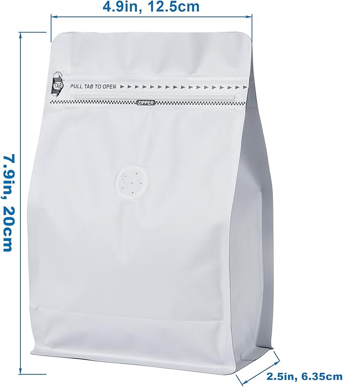 50 Pack Coffee Bags with Aluminum Foil and Degassing Valve, Resealable High Barrier Storage Bags, Odor-Proof for Coffee Beans, Stand Up Coffee Pouch, Flat Bottom (Small-8OZ, White)