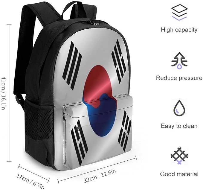 Men Women Polyester Flag Of South Korea Daypack Backpack Large Capacity Carry On Bag With Smooth Zippers for Hiking Picnic Walking Cycling