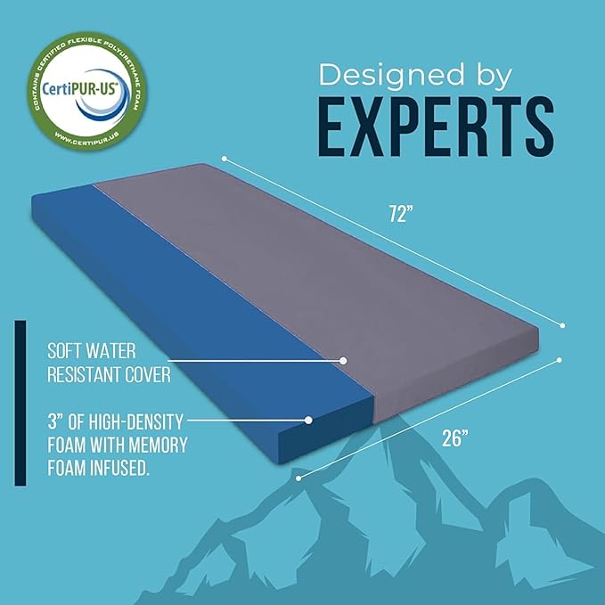 Foamma 3" x 26" x 72" Memory Foam Roll-Up Camping Mattress with Water Resistant Zipper Cover, Foldable and Portable for Camping, RV Bunk, Tent, Guest Bed, Outdoor and Dorm, CertiPUR-US Certified Foam