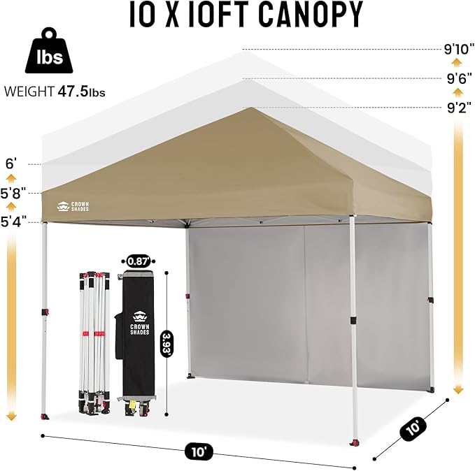 CROWN SHADES 10X10 Commercial Instant Canopy Pop Up Tent with Center Lock, 300D Fabric, 4 Sidewalls, Sto'N Go Bag, Beige