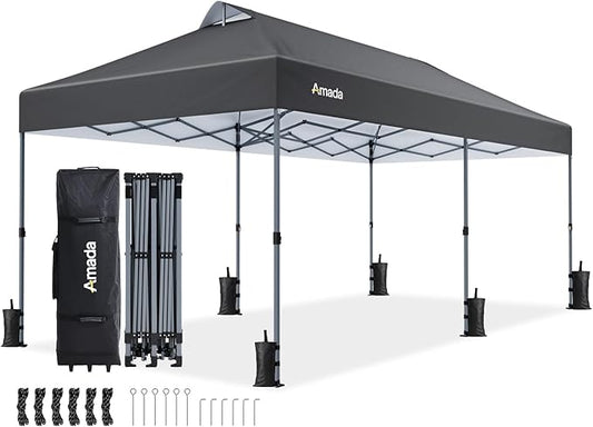 Amada 20x10 Pop Up Canopy - Center Lock One Push Instant Setup Gazebo Outdoor Canopy Beach Tent with STO-N-Go Bag 8 Stakes & 4 Sand Bags, 3-Height Adjustable Shade Shelter (20x10ft, Grey)