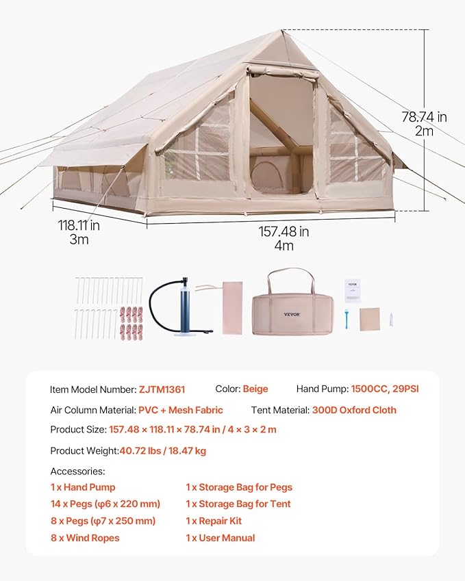 VEVOR Inflatable Tents for Camping, Easy Setup Blow up Tent with Hand Pump, 4 Season Glamping Tent with Stove Jack, Doors & Mesh Windows, Storage Bag Included for Easy Taking