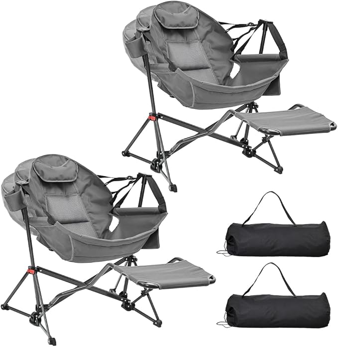 Ainfox Hammock Camping Chair with Footrest, Heavy Duty Foldable Portable Rocking Hammock Chairs Outside Swinging Camp with Cup Holder Pillow for Outdoor Patio Poolside Grey 2 Pack