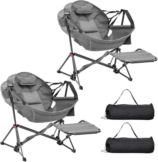 Ainfox Hammock Camping Chair with Footrest, Heavy Duty Foldable Portable Rocking Hammock Chairs Outside Swinging Camp with Cup Holder Pillow for Outdoor Patio Poolside Grey 2 Pack