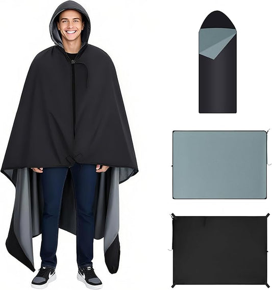 ONTYZZ Waterproof Camping Blanket, Windproof Poncho Hoodie Blankets with with Crystal Velvet Lining, Wearable Sleeping Bag for Stadium, Concerts, Car Travel, Beach, Picnic, One Pack(79 x 59'')