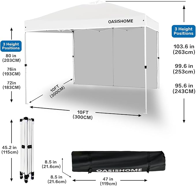 OASISHOME Pop-up Portable Outdoor Canopy Tent 10'x10' Instant Gazebo, with 1 Sidewall, Carry Bag, Stakes, Ropes, for Outdoor/Beach/Patio/Wedding Parties and Commercial Events (10FTx10FT, White)