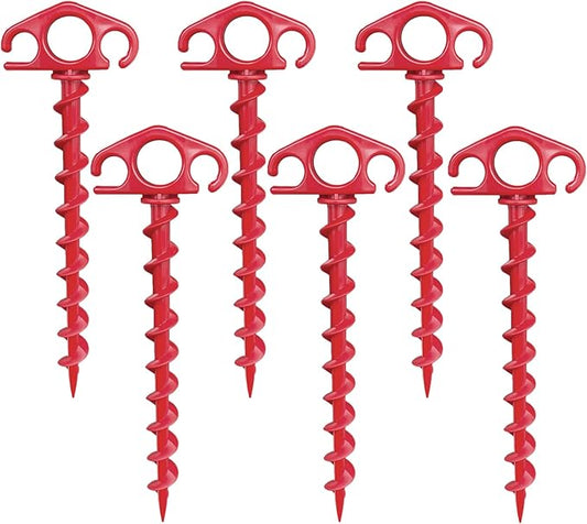 Tent Stakes Ground Anchors Screw in, 6 Pack Sand Stakes for Beach 9.4 Inch Heavy Duty Spiral Tent Pegs for Camping, Party, Hiking, Outdoor Decoration (6, Red)
