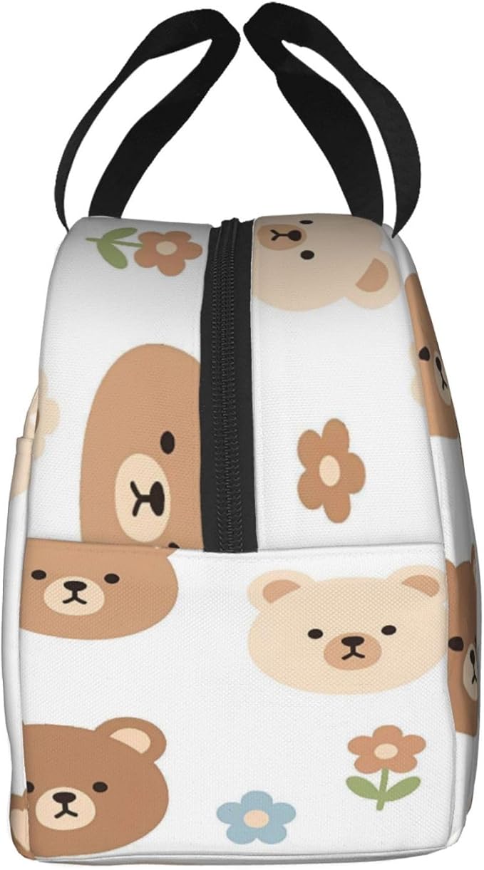 Cute cartoon bear faces flowers digital art Insulated Lunch Bag Oxford Cloth & Thick Foil Cooler Warmer Tote Waterproof Wear-Resistant with Front Pocket for Work Picnic Outdoor Travel