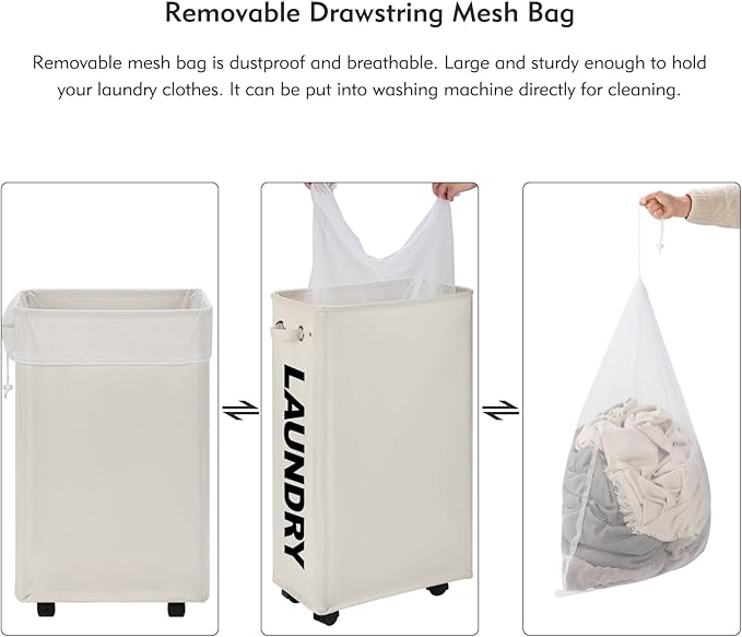 DOKEHOM 29-Inches Enlarged Slim Laundry Basket with Removable Wash Bag on Wheels, Collapsible Rolling Laundry Hamper, Foldable Narrow Corner Clothes Storage Bins (Beige)