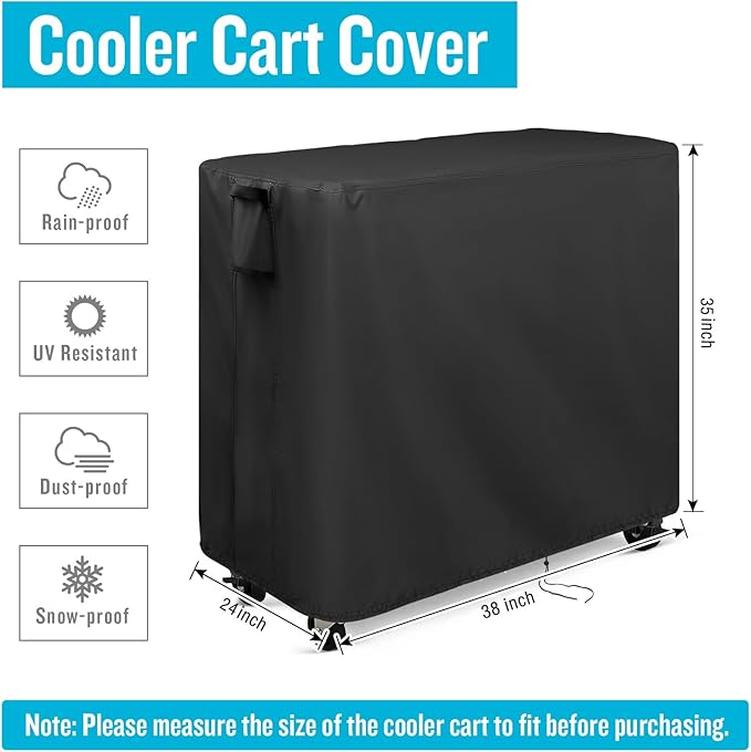 Kingling Cooler Cart Cover Fits Keter 89.8 Quart Patio Cooler, Waterproof Patio Party Rolling Ice Chest with Wheels for Outdoor Kitchen Cooling Bins Black - 38''L x24''W x35''H