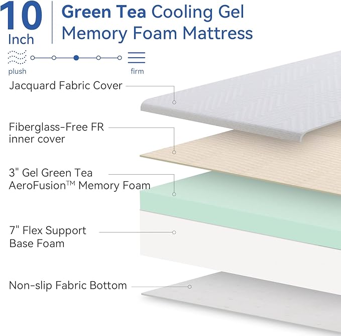Queen Size Memory Foam Mattress 10 Inch with Tencel Cover, Premium Cooling Green Tea/Gel Medium Firm Bed-Mattress in a Box, Pressure Relief Comfort Made in USA, CertiPUR-US 80'' x 60''