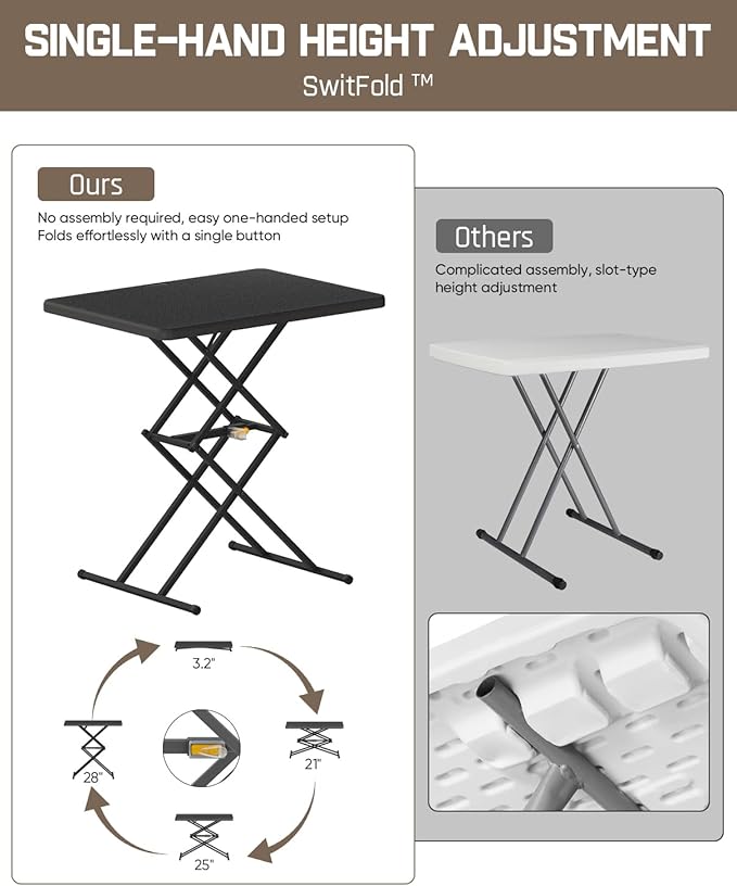 FanttikOutdoor 28 inch Quick Pop Up Table, One-Handed Height Adjustment, 3 Heights, No Assembly, Multi-Functional Personal Folding Table, TV Tray, Portable Dinner Table, 2-Pack, Black Zeta X1 Pro
