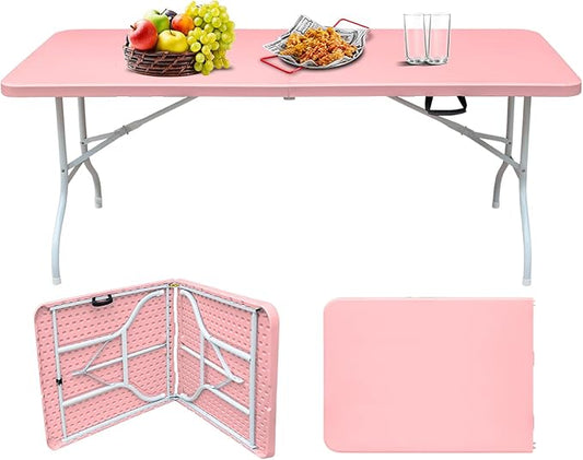 Portable Plastic Folding Table 4ft/6ft/8ft Heavy Duty White Black Picnic Dining Table Fold-in-Half for Camp Party Kitchen Indoor Outdoor (Pink, 6FT)
