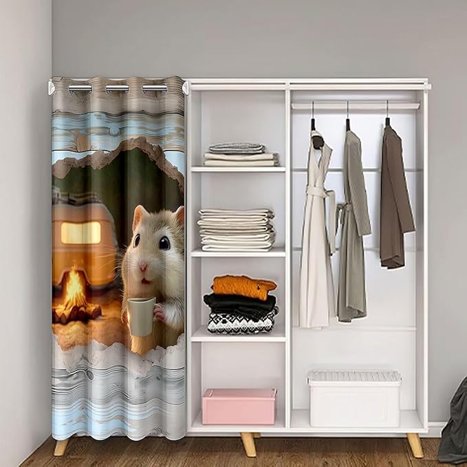 Cute Hamster Door Curtain For Doorway Privacy for Camping Lover - Vintage Camper Campfire Blackout Curtain Happy Camping Adventure Theme Door Drape Wooden Planks Farmhouse Window Treatment 59"W x 80"L