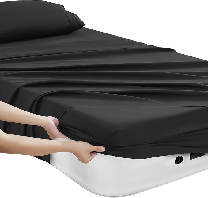 Camping Sheets Twin Size - Outdoor Air Mattress Sheet Set – Built-in Corner Straps for Air Mattress & Camping Use – Designed for Inflatable Beds & Tailgate Sleepovers, Black