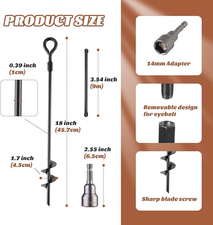 MIXXIDEA18 Inch Ground Anchors Screw in Folding Ring Spiral Metal Ground Stakes Dog Tie Out Stake Spiraling Anchor Trampoline Anchors for Tent (black-8pk)