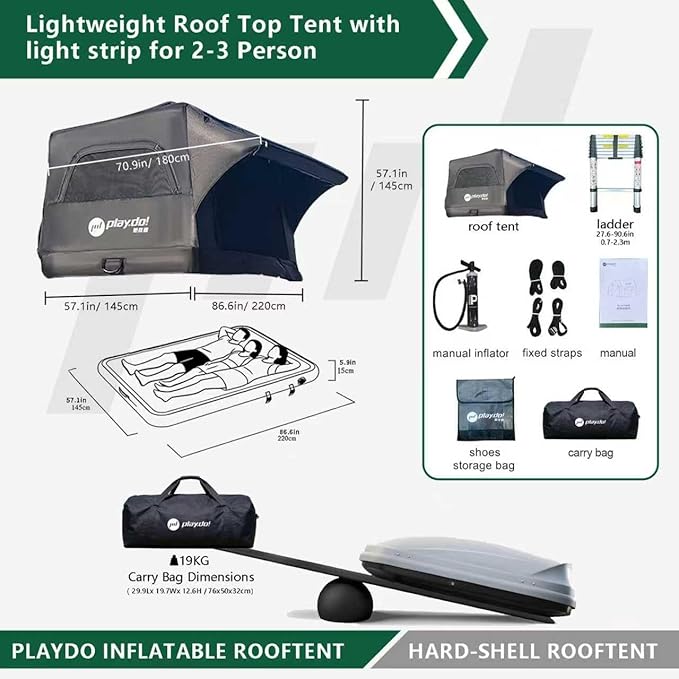 PlayDo Inflatable Rooftop Tent Easy Setup Camping Tent for The Roof of Sedans Pickup Blow Up Roof Top Tents SUV Truck Van Glamping Tent with Porch, Strip Light for 2-3 Person