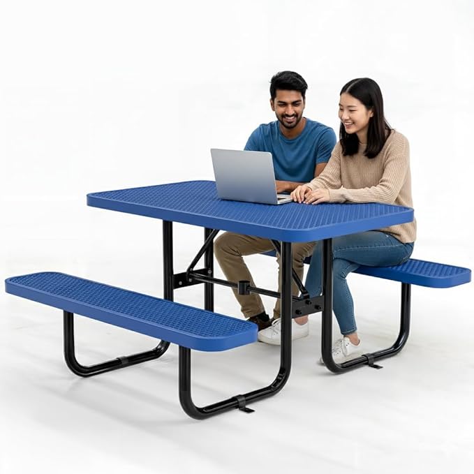Metal Picnic Furniture for Outdoors with Umbrella Hole - Coated Steel Heavy Duty Commercial Grade Table with Adjustable Seats, Patio Set for a Lifetime (Blue, 4' Rectangular)
