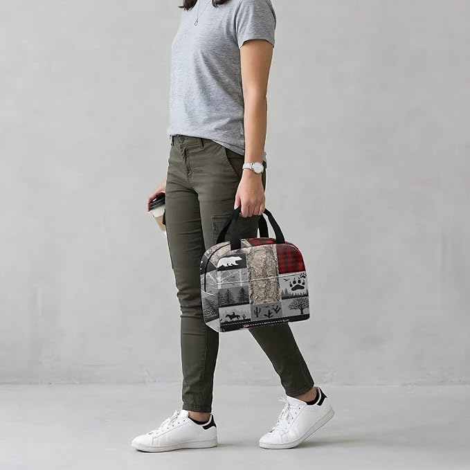 Western Retro Denim Insulated Lunch Bag Bear Deer Bird Nature Landscape Cactus Thermal Tote Portable Size (02)