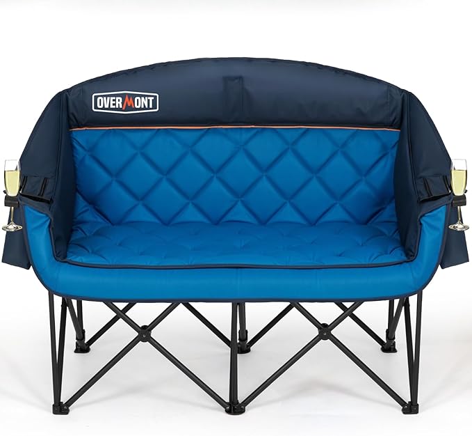 Overmont Oversized Double Camping Chair - 2 Person Comfort Couch Chair Loveseat for Adults - Heavy Duty Lawn Chairs with Cooling Bag&Wine Racks - Support 850LBS Blue