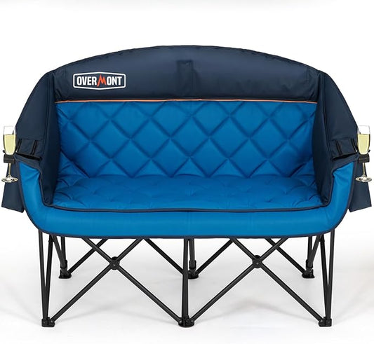 Overmont Oversized Double Camping Chair - 2 Person Comfort Couch Chair Loveseat for Adults - Heavy Duty Lawn Chairs with Cooling Bag&Wine Racks - Support 850LBS Blue