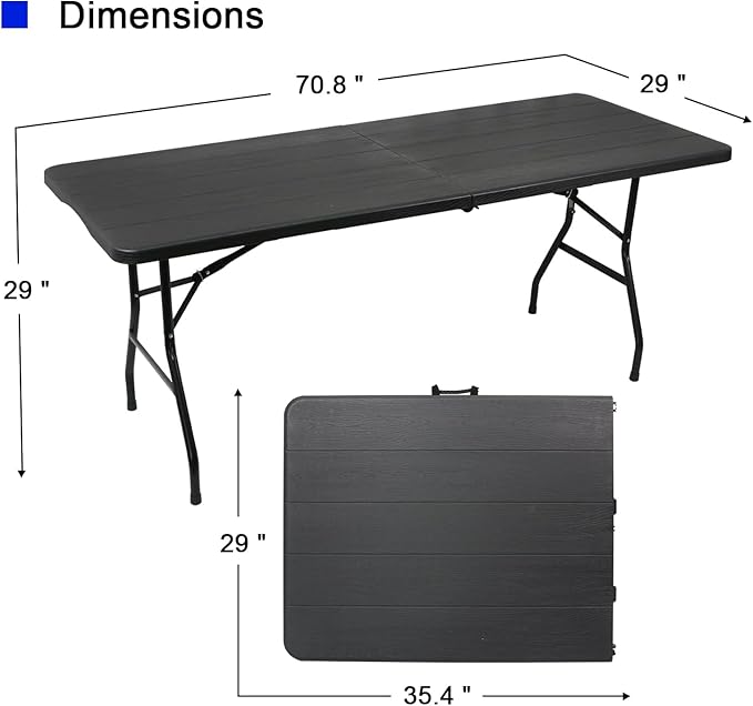70.8" W X 29" D X 29" H - 6 ft Folding Table Black Wood Grain Portable Heavy Duty Plastic Fold-in-Half Utility Foldable Table for Camp，Picnic & Party