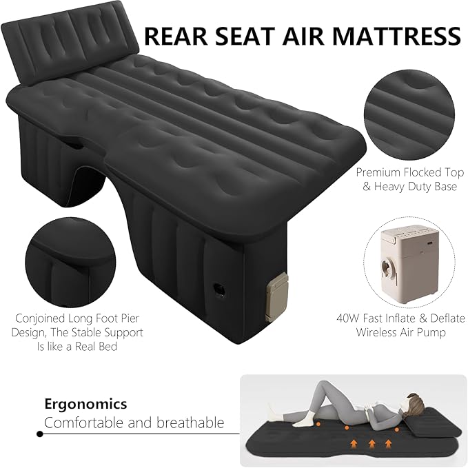 Car Air Mattress Back Seat Bed for Truck One-Piece Bed Pier Thickened Travel Airbed Blow up Mattress SUV Self Inflatable Camping Sleeping Pad with Wireless Air Pump & Pillow, Black