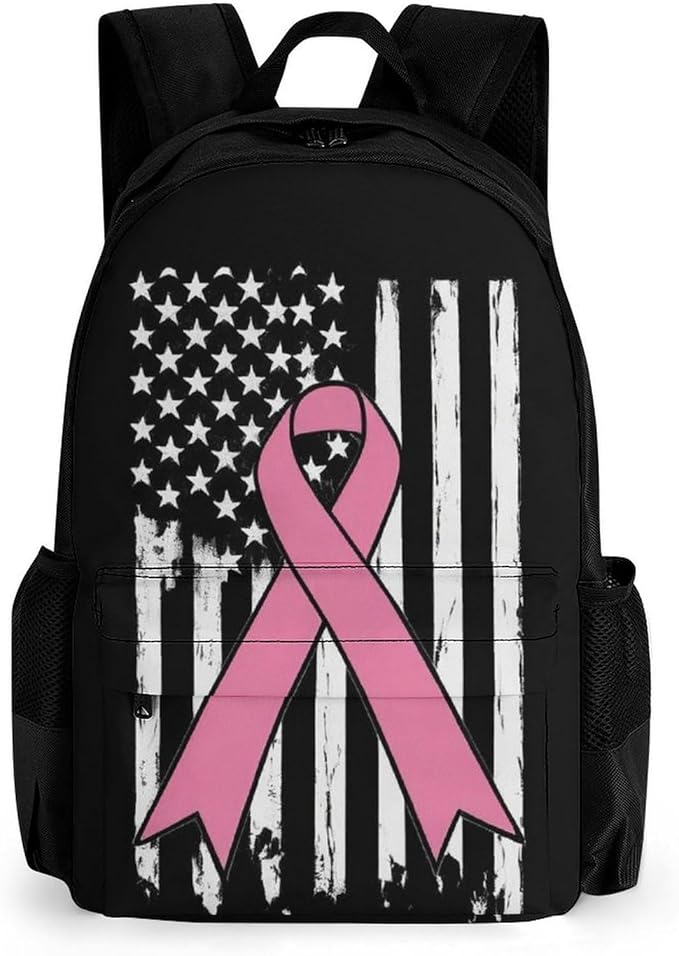 Supdreamc Daypack Backpack Anti-Theft Multipurpose Big Capacity Bookbag, Breast Cancer Awareness Pink Ribbon American Flag Business Computer Bag With Side Pockets