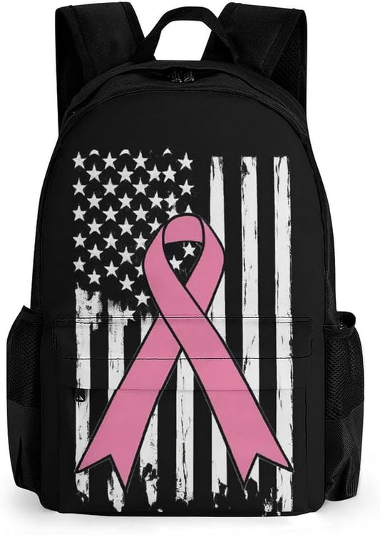 Supdreamc Daypack Backpack Anti-Theft Multipurpose Big Capacity Bookbag, Breast Cancer Awareness Pink Ribbon American Flag Business Computer Bag With Side Pockets