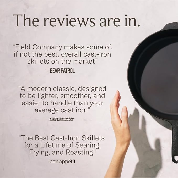 Field Cast Iron Starter Set -10.25 Inch Cast Iron Skillet with Cleaning Kit: Natural Fiber Brush, Chain Mail Scrubber & Organic Seasoning Oil – Lightweight, Preseasoned, Made in USA, Vintage Design