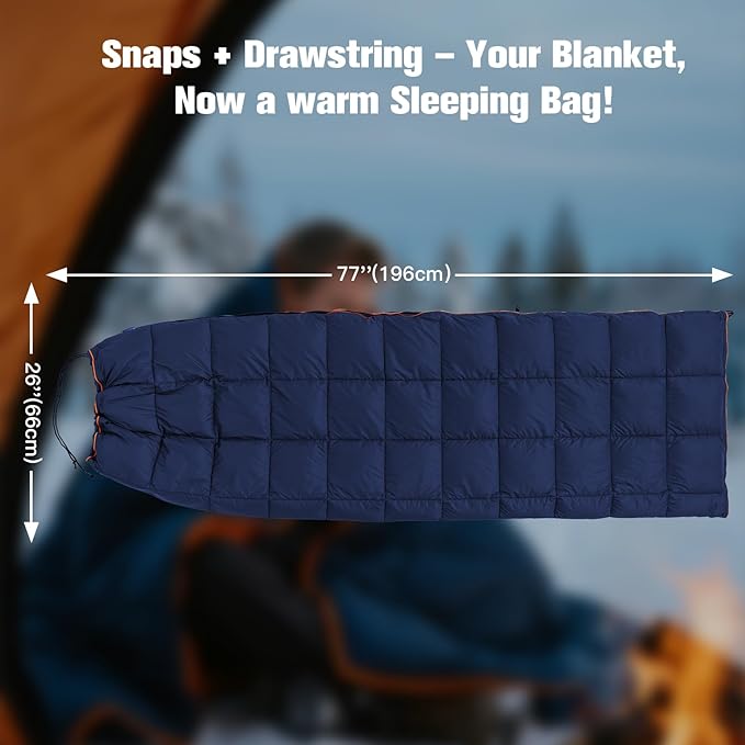 Down Camping Blanket - Navy Blue, 1lb 6oz / 77 * 52'' Lightweight Packable Warm Puffy Travel Quilt with Footbox, 650 Fill Power Waterproof Outdoor Blankets for Hiking, Travel Down Quilt