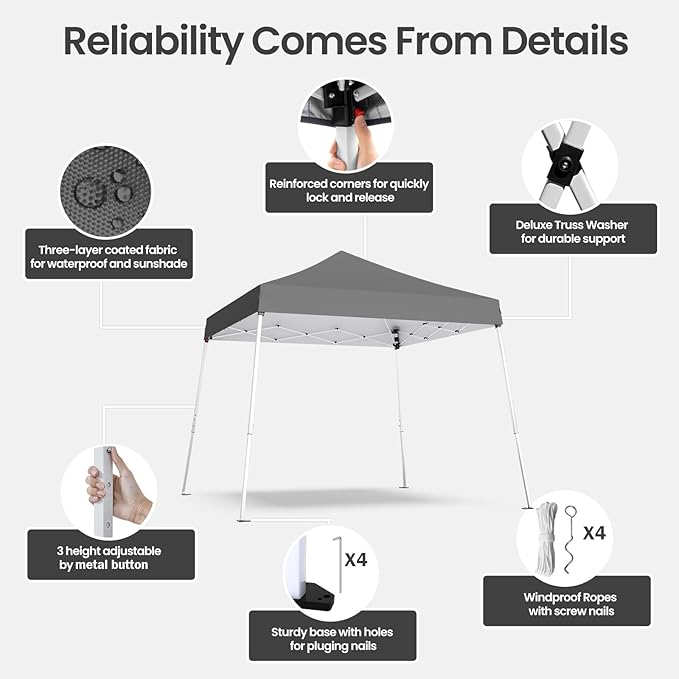 Pop-up Canopy Tent,Portable Outdoor Canopy for Parties Camping,Slant Legs Folding Tent,Sports Shelter,Beach Tent,Base 10x10 Top 8x8,3 Adjustable Height(Grey)