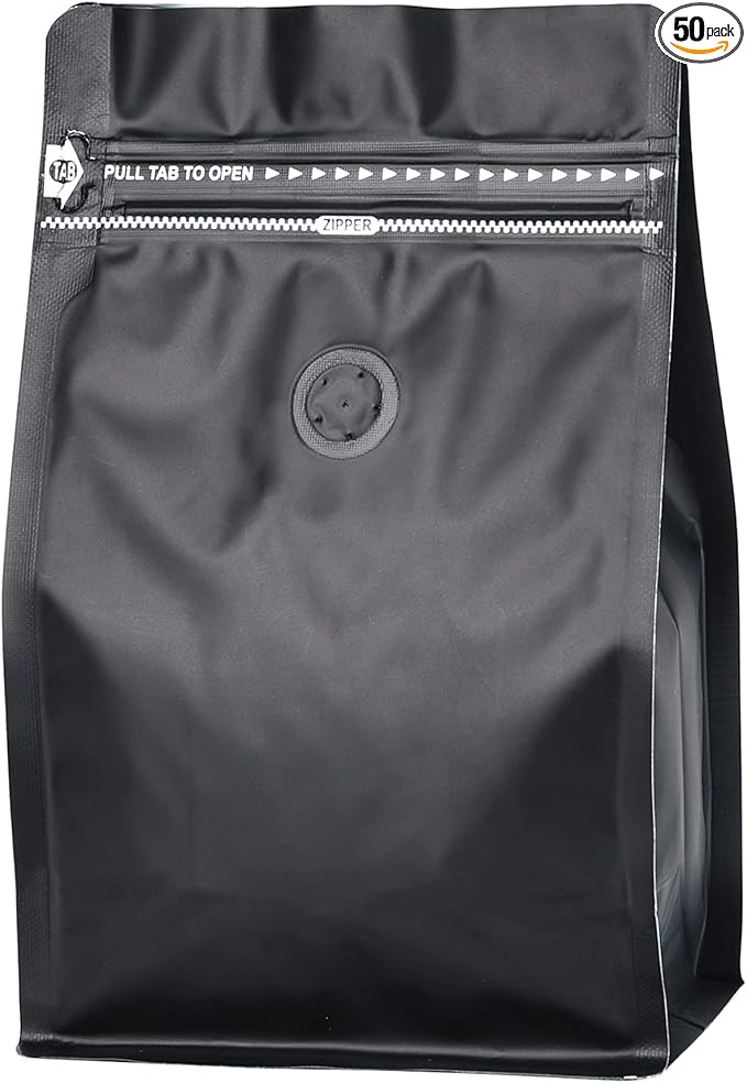 50 Pack Coffee Bags with Aluminum Foil and Degassing Valve, Resealable High Barrier Storage Bags, Odor-Proof for Coffee Beans, Stand Up Coffee Pouch, Flat Bottom (Small-8OZ, Black)