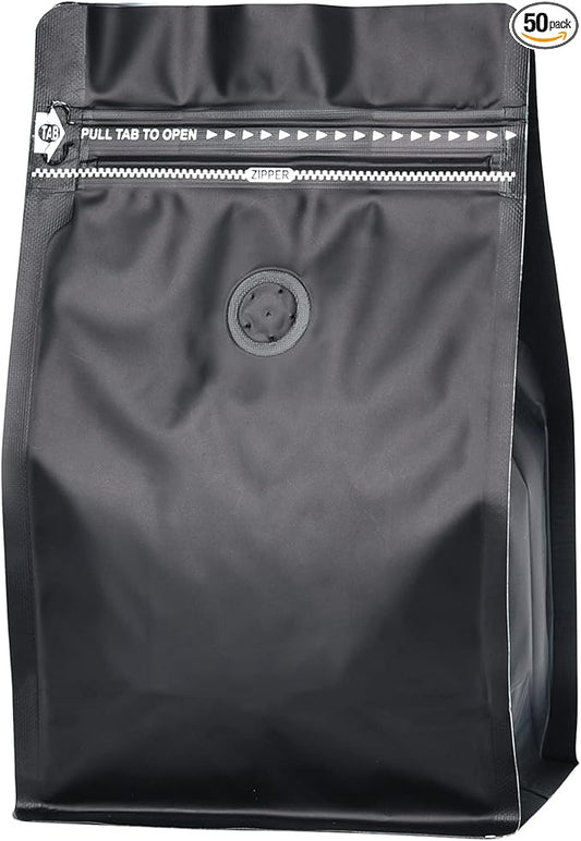 50 Pack Coffee Bags with Aluminum Foil and Degassing Valve, Resealable High Barrier Storage Bags, Odor-Proof for Coffee Beans, Stand Up Coffee Pouch, Flat Bottom (Small-8OZ, Black)