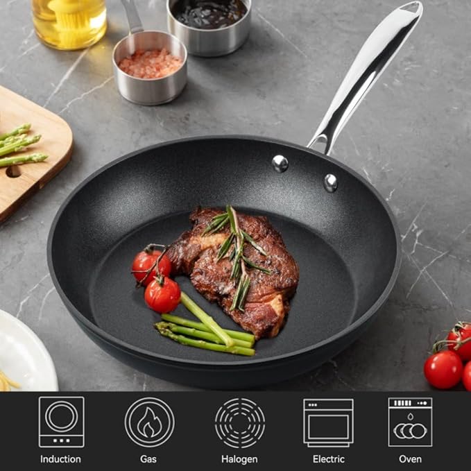 Frying Pan 11 Inch, Nonstick Frying Pan for Induction, 5-Ply Non Toxic Skillet with Stainless Steel Handle, Hard Anodised Aluminum Cookware, Oven Proof, Suitable for All Hobs
