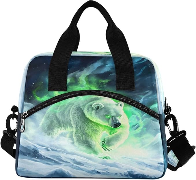 ALAZA White Bear Green Aura Lunch Box for Men Women Adults Insulated Lunch Bag Cooler Bag with Adjustable Shoulder Strap for Work Picnic Travel