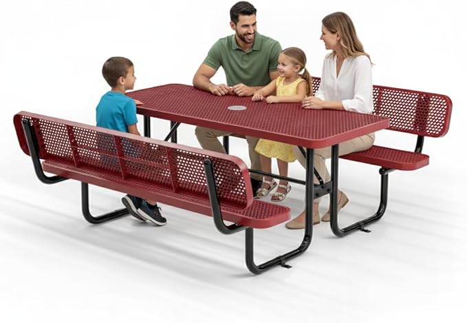 Metal Picnic Furniture for Outdoors with Umbrella Hole - Coated Steel Heavy Duty Commercial Grade Table with Adjustable Seats, Patio Set for a Lifetime (Red, 6' Rectangular with Back)