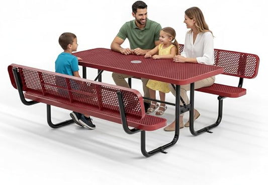 Metal Picnic Furniture for Outdoors with Umbrella Hole - Coated Steel Heavy Duty Commercial Grade Table with Adjustable Seats, Patio Set for a Lifetime (Red, 6' Rectangular with Back)