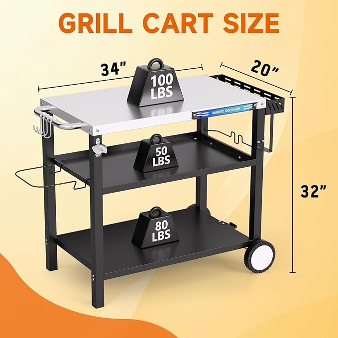 Grill Table, Stainless Steel Grill Cart with Three-Shelf, Movable Pizza Oven Table with Side Tray ＆ Trash Bag Holder, Outdoor Grill Stand with Hooks for Food Prep, Outside Tailgating, Camping